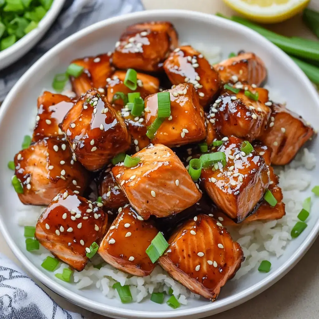 Marinated glazed pieces of salmon on white rice, topped with sesame seeds and green onions on a plate.
