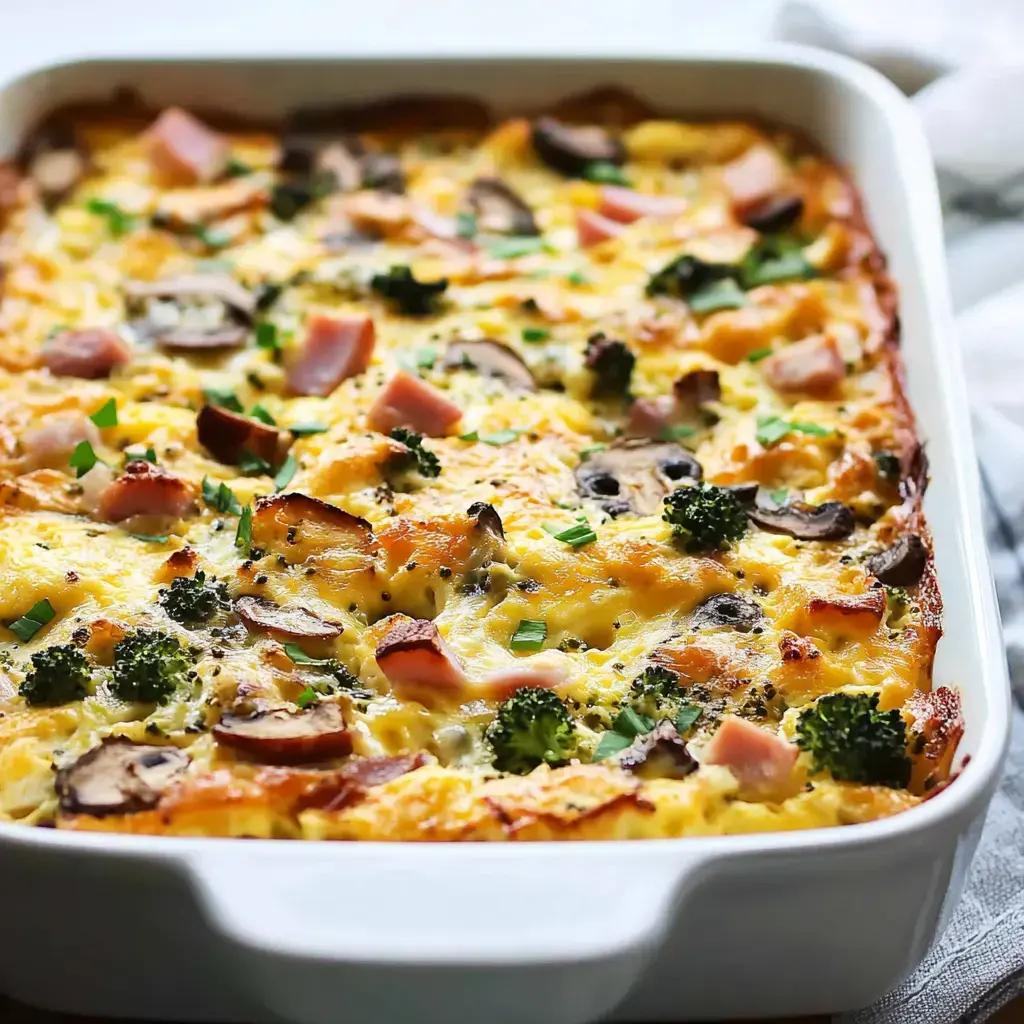 A casserole full of eggs, ham, mushrooms, and broccoli, topped with green onions and looking super colorful.