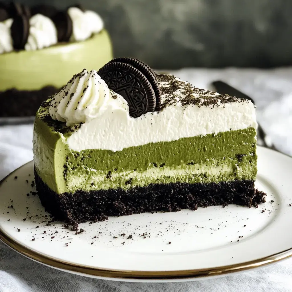 A wedge of green tea mousse cake stacked with fluffy cream and a dark cookie crust, topped with more whipped cream, cookie pieces, and chocolate sprinkles.