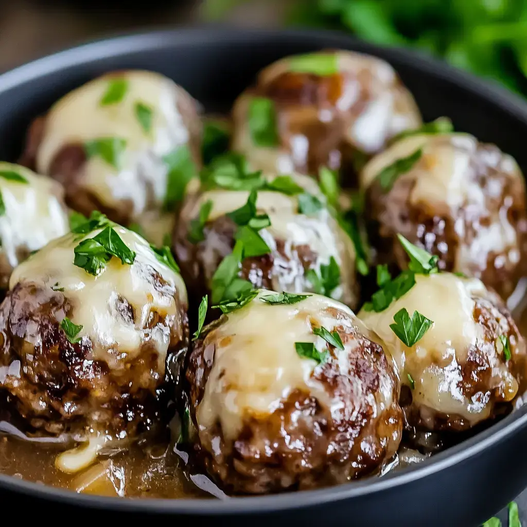 Meatballs smothered in melted cheese and fresh parsley in a dark bowl up close.
