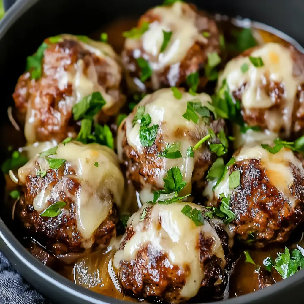 Meatballs with melty cheese and chopped parsley in a dark bowl, seen up close.
