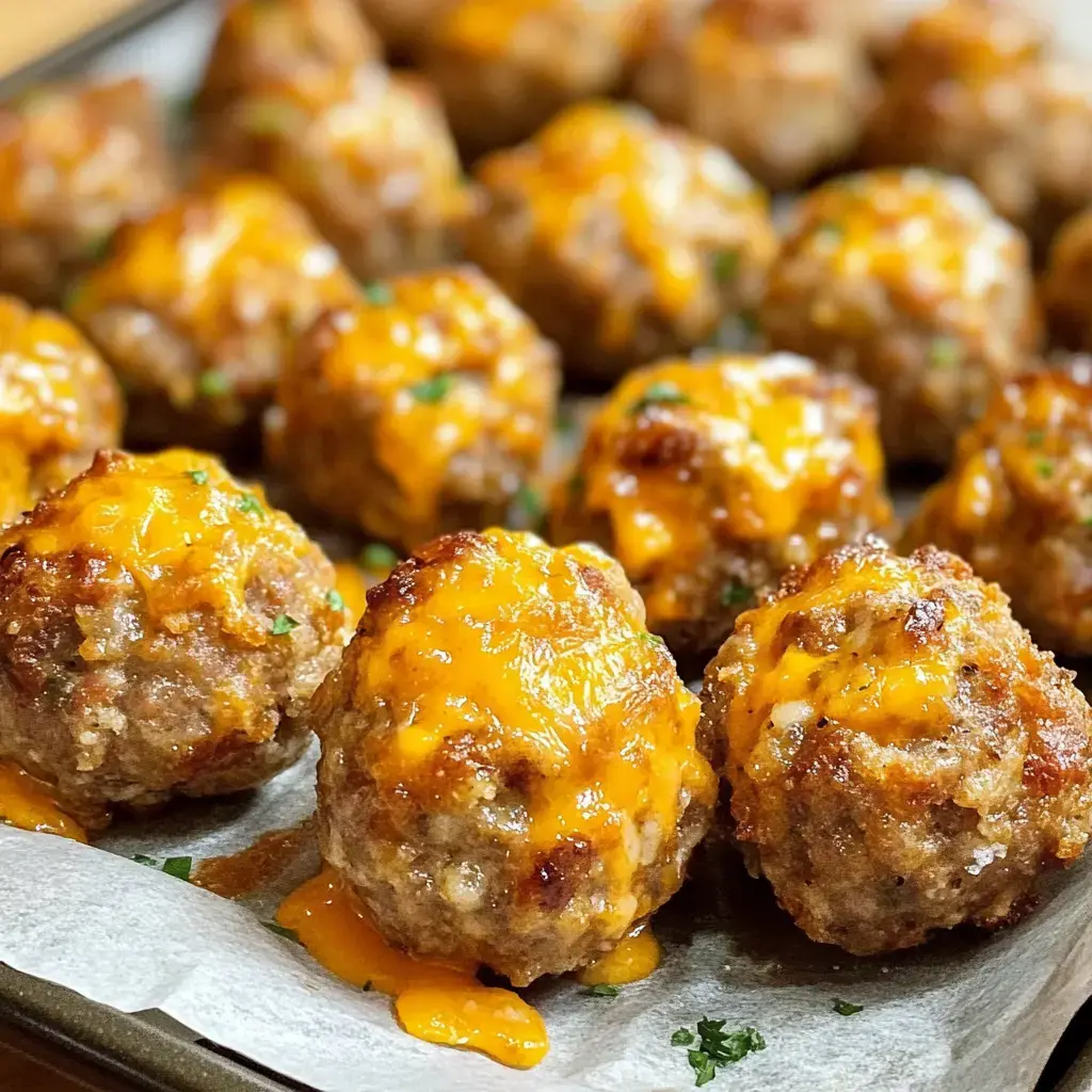 Golden meatballs piled together on parchment with melty cheddar on top.