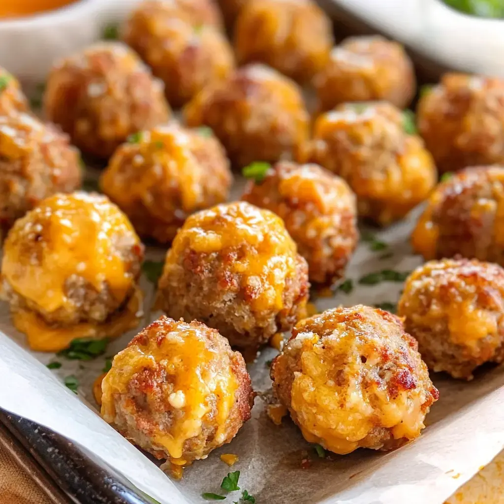 Golden snack balls topped with cheese sitting on a tray, parsley sprinkled on top.