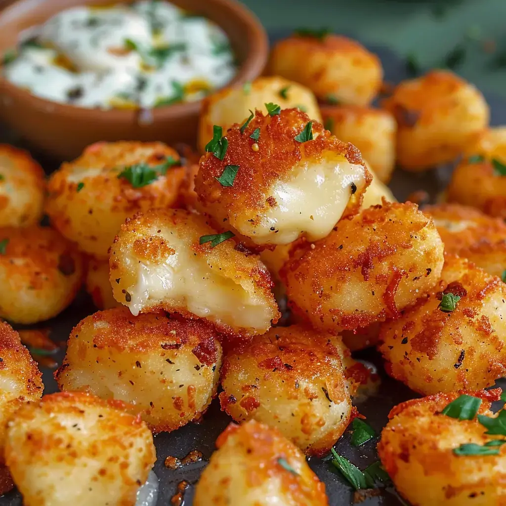 Zoomed-in view of crispy, golden cheese cubes with herbs on top and a little bowl of dipping sauce sitting behind them.