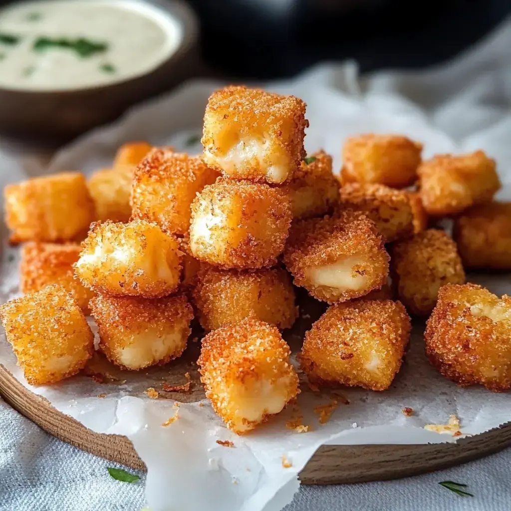 Golden cheese cubes stacked on a wooden board with a dip off to the side, looking extra crunchy and fresh.