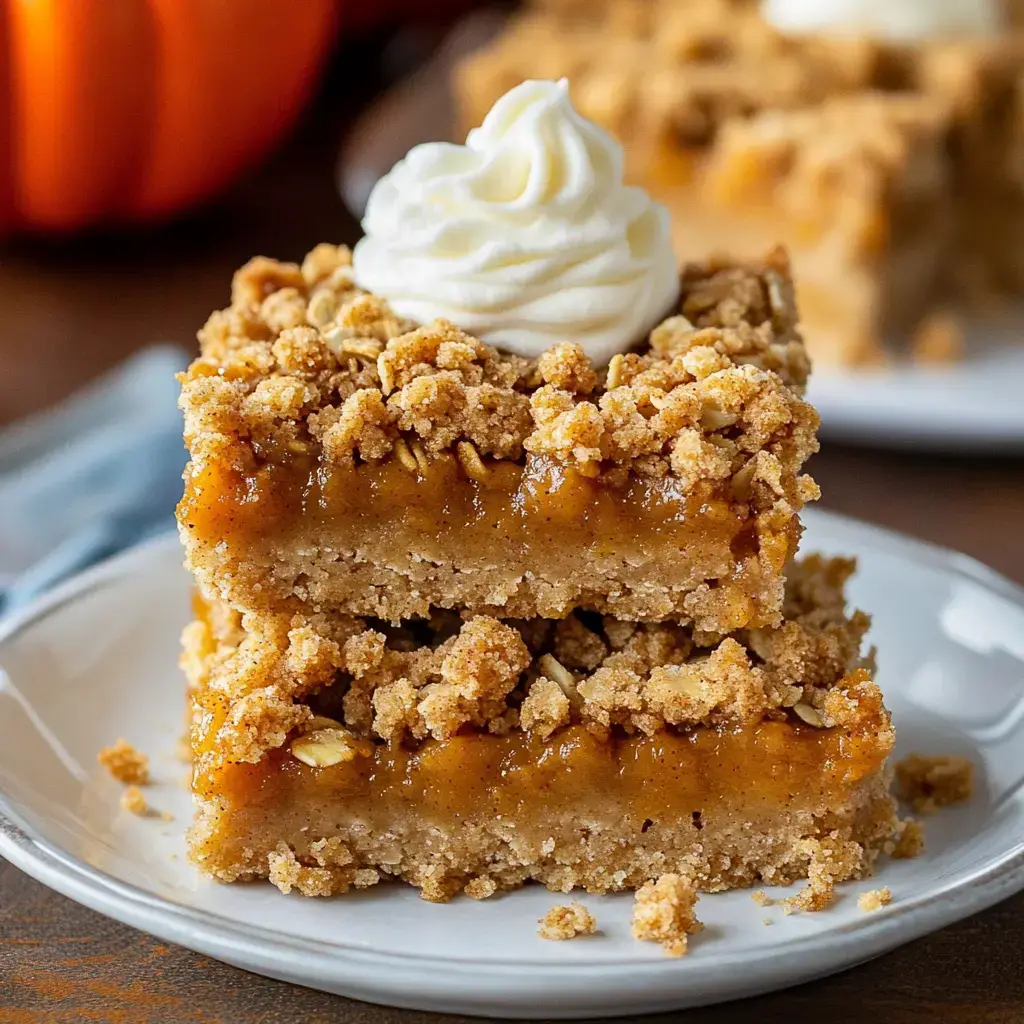 Two layers of pumpkin crumb bars, a swirl of whipped cream on each, plated in front of a blurred pumpkin for fall vibes.