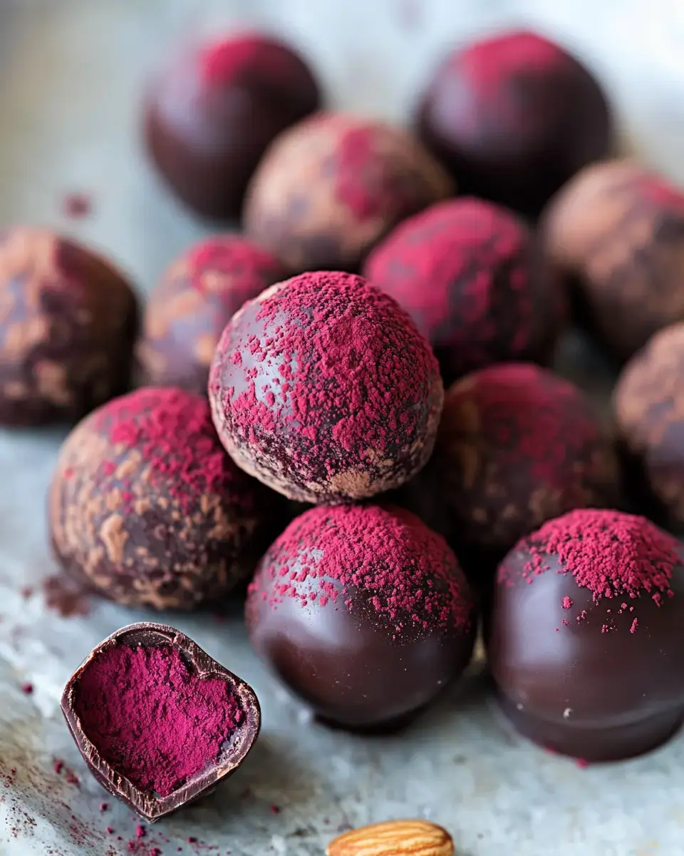 Close-up shot of chocolate truffles covered in bright pink powder, one cut open so you can see the inside.