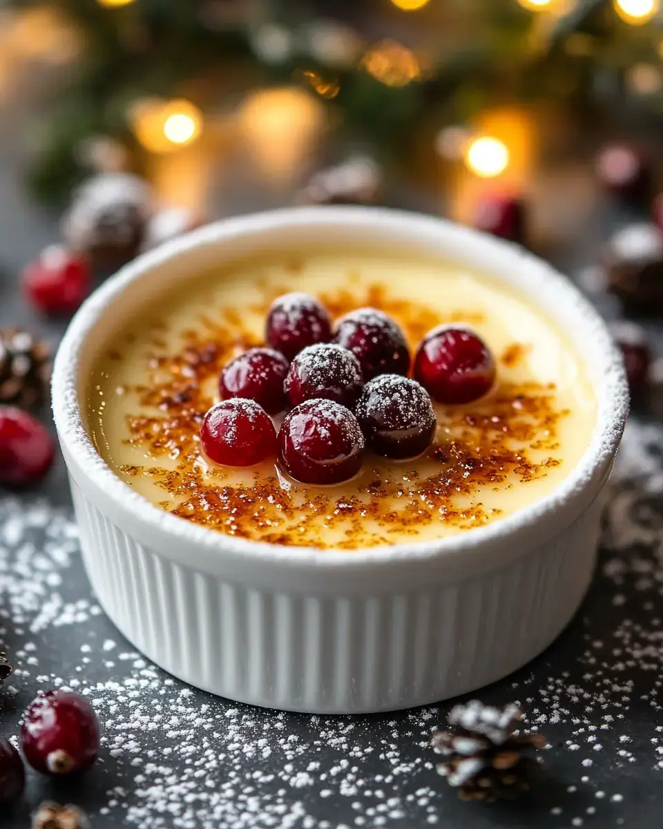 Fluffy custard decorated with glossy sugared cranberries, snowy powdered sugar, and surrounded by cheery holiday accents.