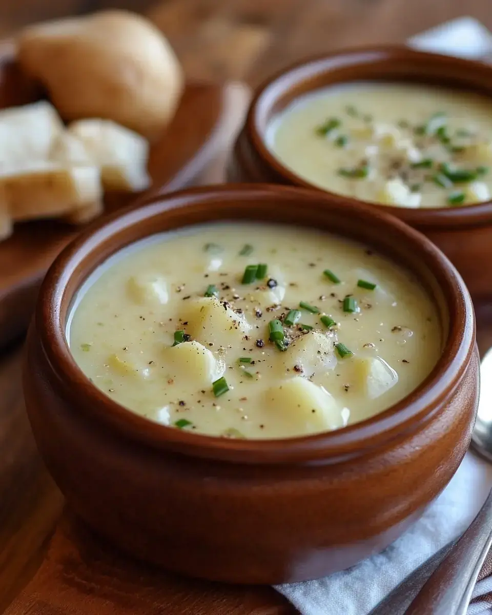 Two big bowls of rich potato-leek soup with a sprinkle of fresh chives and pepper, some bread slices on a wooden table next to them.