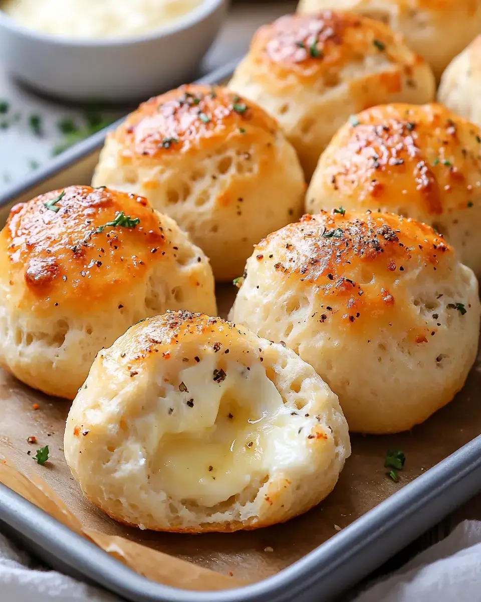 Golden bread rolls with gooey cheese spilling out and a sprinkle of herbs on top, sitting on a tray.