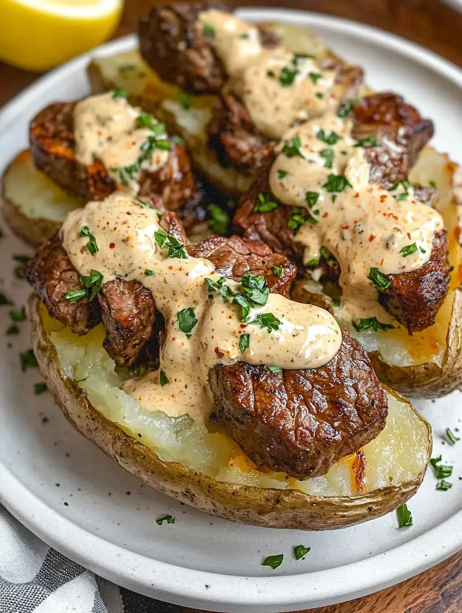 A tasty-looking plate showing stuffed baked potatoes topped with steak chunks and creamy white sauce, with fresh parsley sprinkled on top.