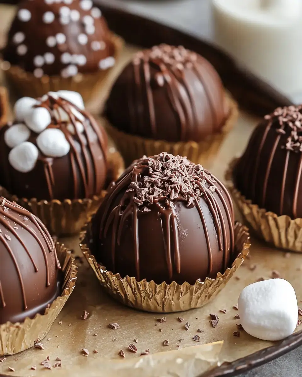 Lots of fancy chocolate bombs on a tray, decorated with all sorts of toppings. Small marshmallows and shaved chocolate are scattered all around.