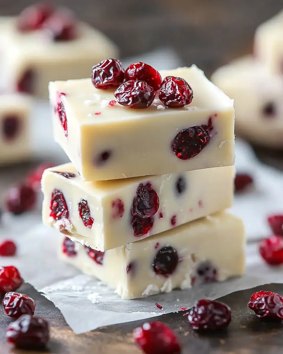 Three cubes of white chocolate fudge with cranberries on top and around them.