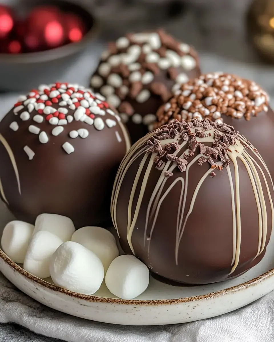 A plate with cocoa bombs drizzled and topped with goodies, plus a heap of mini marshmallows on the side.