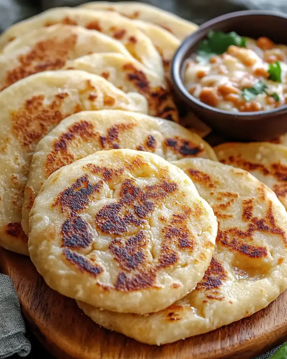 A wooden board has a pile of golden pupusas and a little bowl of beans with green herbs on the side.