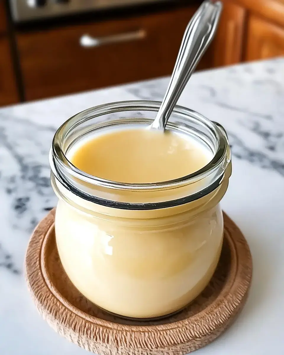 There's a small glass jar filled with thick, buttery-yellow cream on a coaster, a spoon sticking out the top.