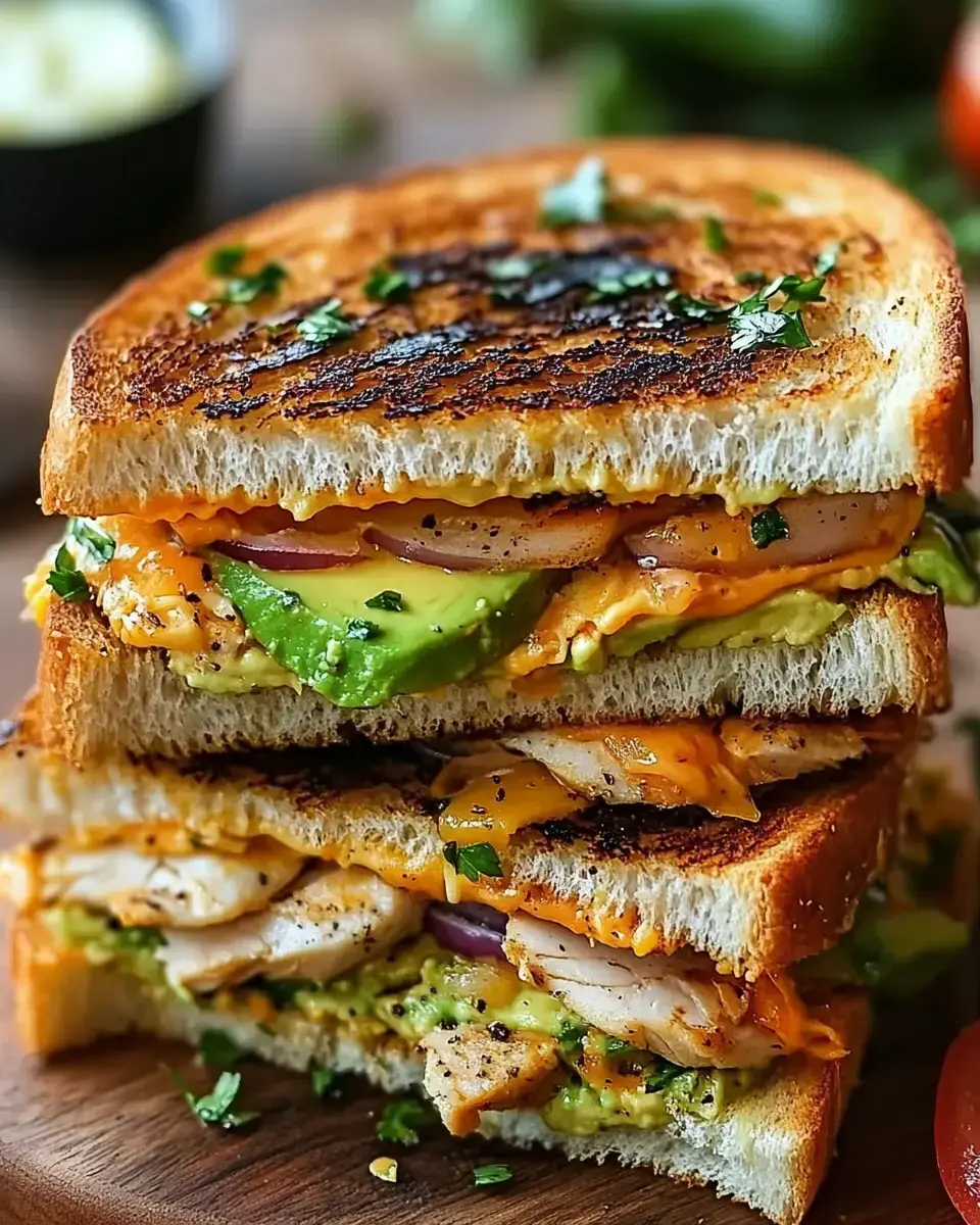 A golden sandwich with crisp bread, warm grilled chicken, soft avocado, and melty cheese, topped with fresh herbs on a wooden board.