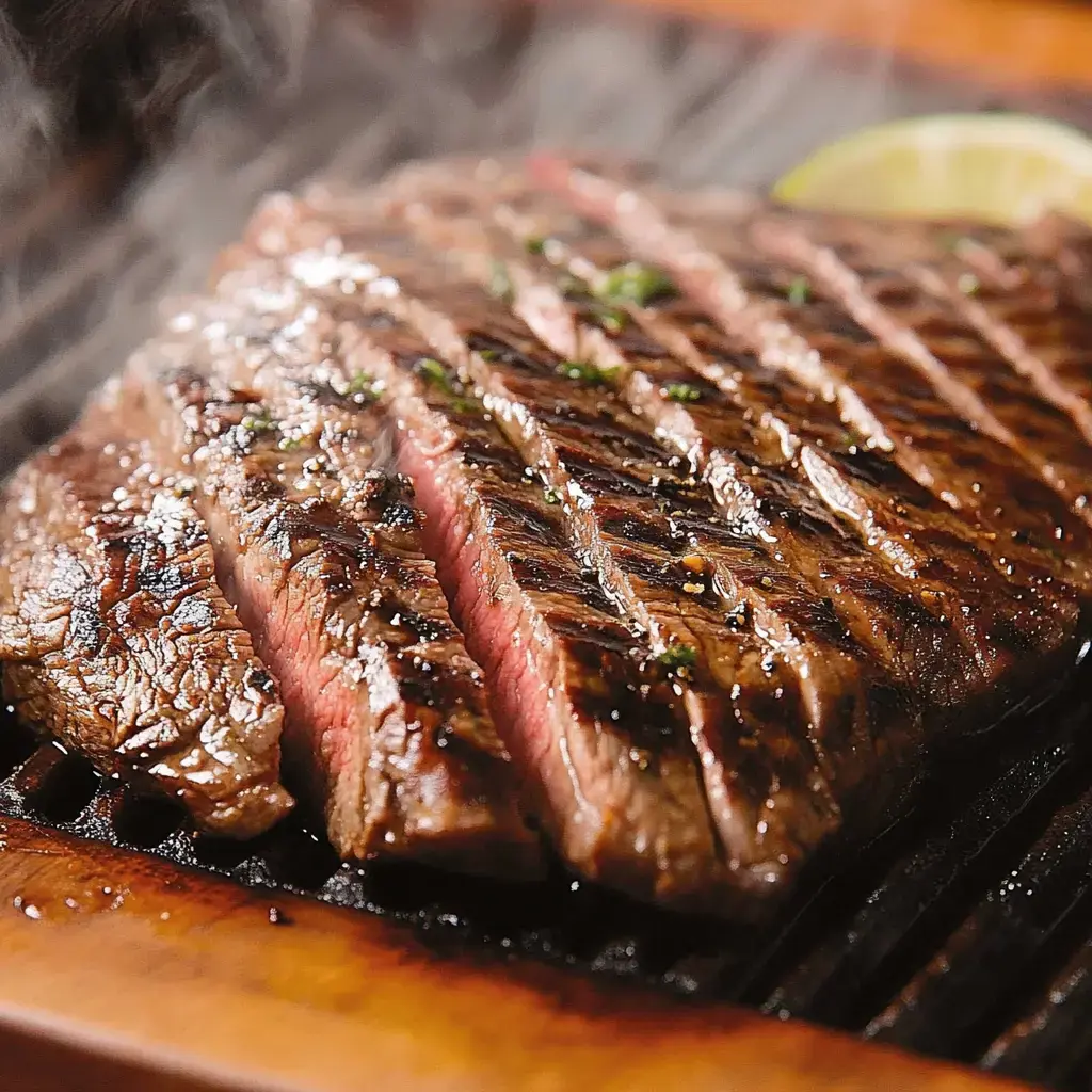 A detailed view of perfectly cooked steak, showing the tender pink center and beautiful grill marks on the surface.