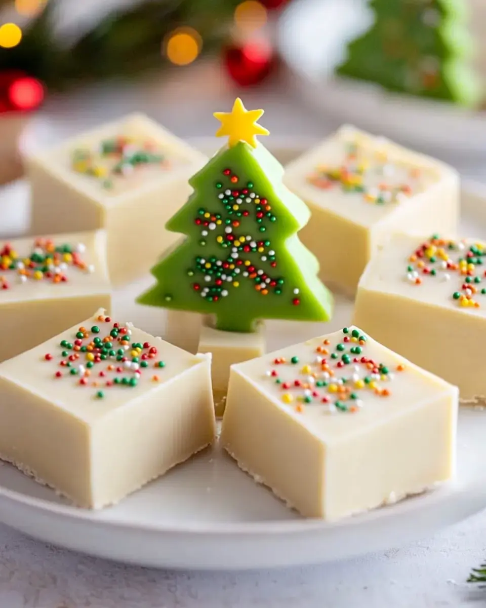 Festive dessert squares covered in sprinkles, arranged around a green tree with a yellow star up top.