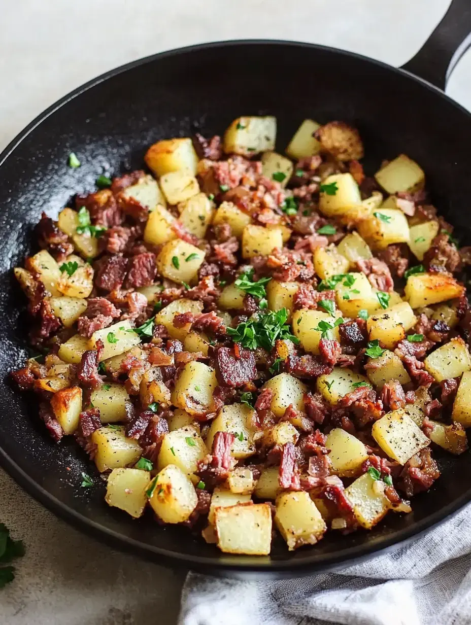 A skillet loaded with golden potato cubes and shredded meat, topped with bright green parsley sprinkles.
