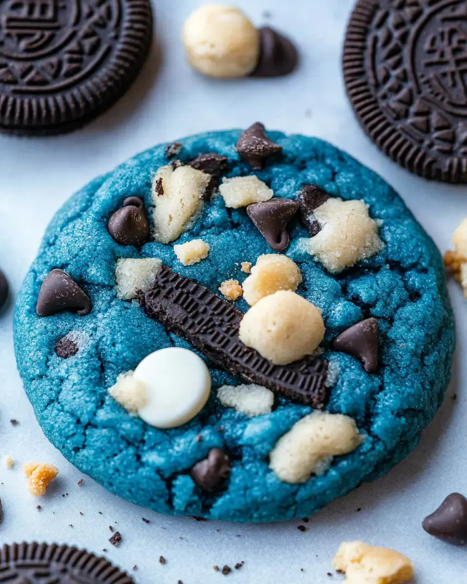 A bright blue cookie dotted with white chocolate chips, Oreo pieces, and chunks of cookie dough, with more Oreos scattered around it.
