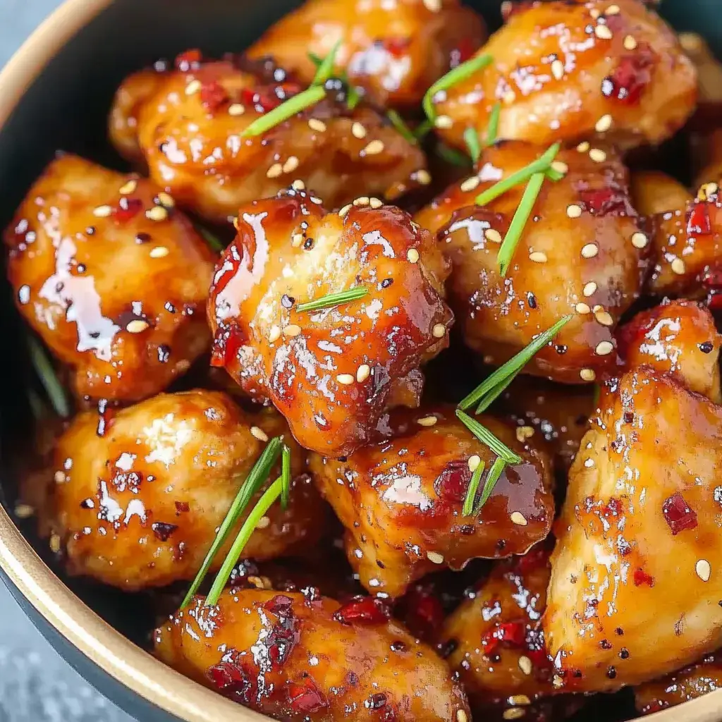 Glossy chicken pieces topped with sesame seeds and sliced green onions served in a bowl.