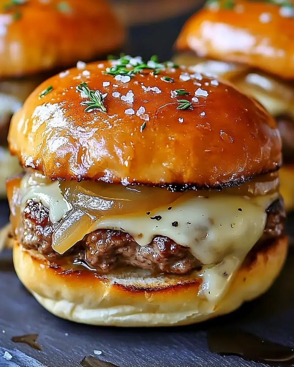 A mouthwatering cheeseburger featuring melted cheese and sweet caramelized onions on a shiny brioche bun, topped with fresh herbs and a sprinkle of sea salt.