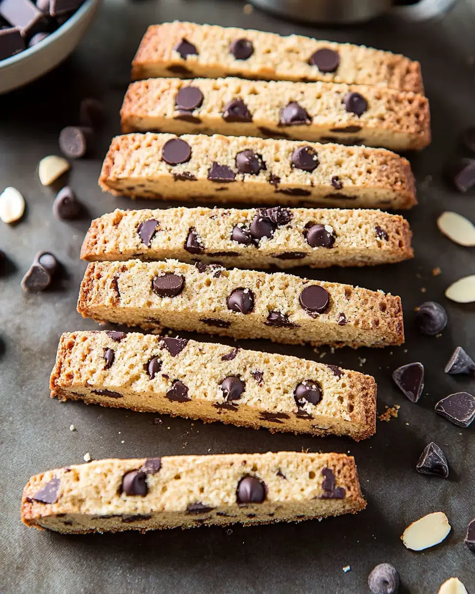 Slices of chocolate chip biscotti lined up with extra chocolate chips and almond slivers scattered around them.