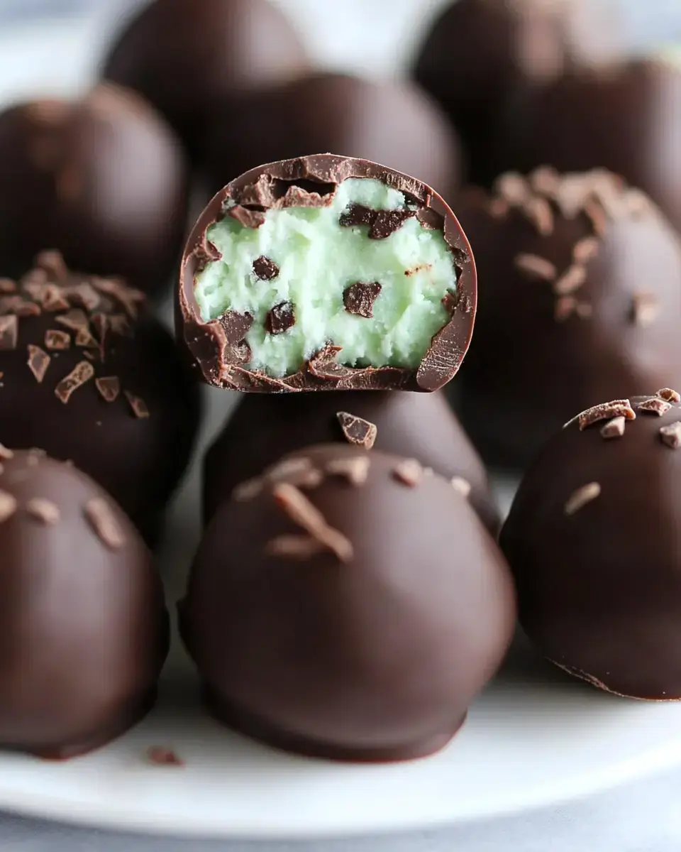 A close-up of chocolate-coated mint truffles, with one truffle cut in half to reveal a green mint filling with chocolate chips.