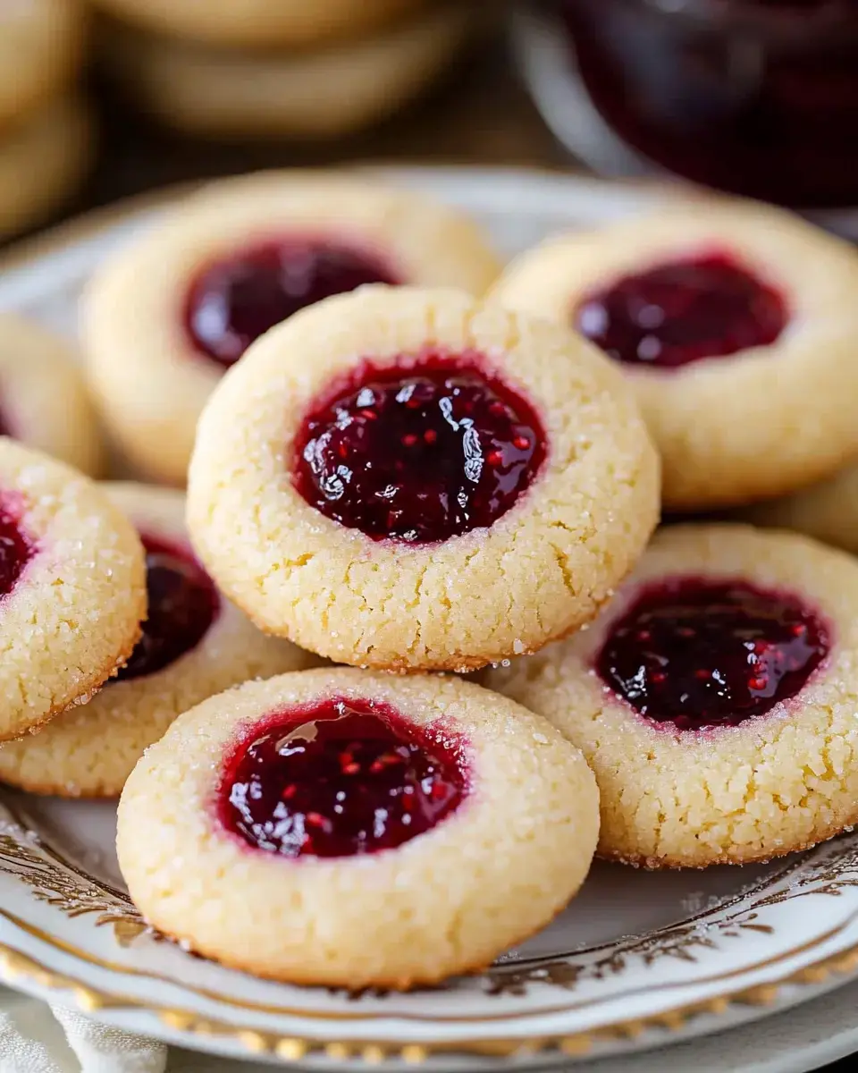 Buttery cookies topped with shiny raspberry jam, piled on a fancy plate for close-up viewing.