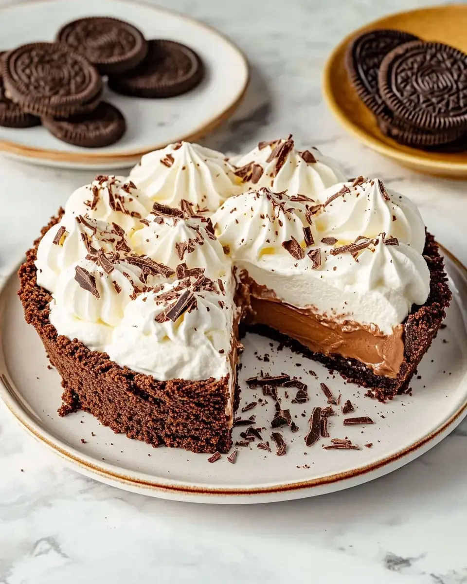 A creamy chocolate pie topped with whipped cream and shavings, with a slice missing and Oreos nearby.