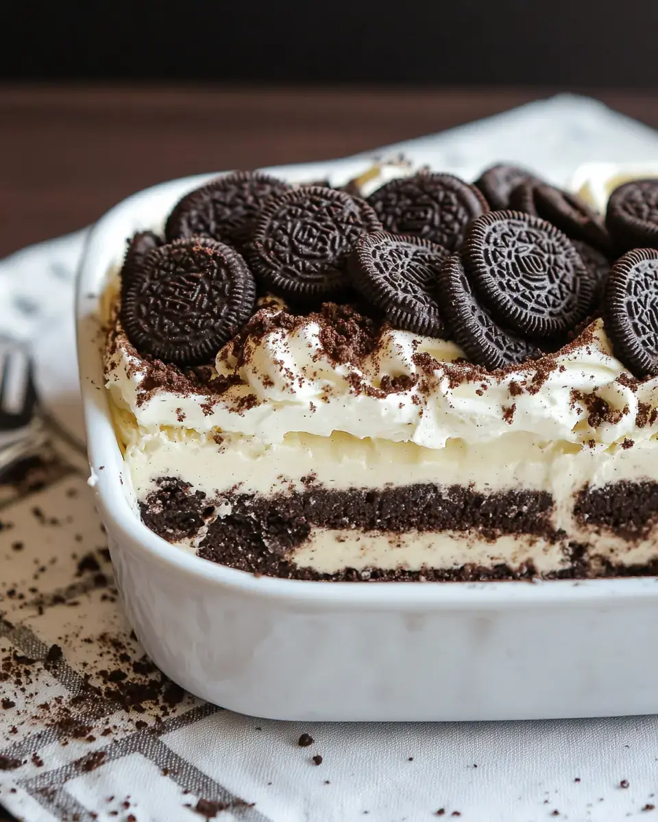 A layered dessert featuring cream, chocolate, and Oreo cookies, with some cookies crumbled on top.