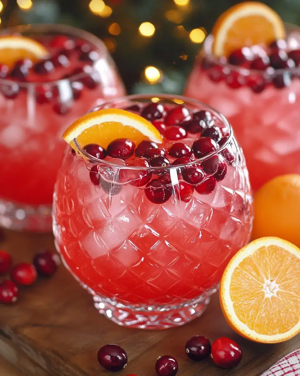 Three crystal glasses packed with a rosy, fruit-packed punch. Cranberries and orange slices float on top, and everything's glowing against a wood table and holiday lights in the background.