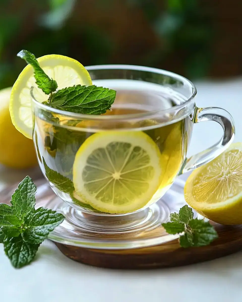 A glass cup of herbal tea with lemon slices and fresh mint sits next to a halved lemon on a wooden table.