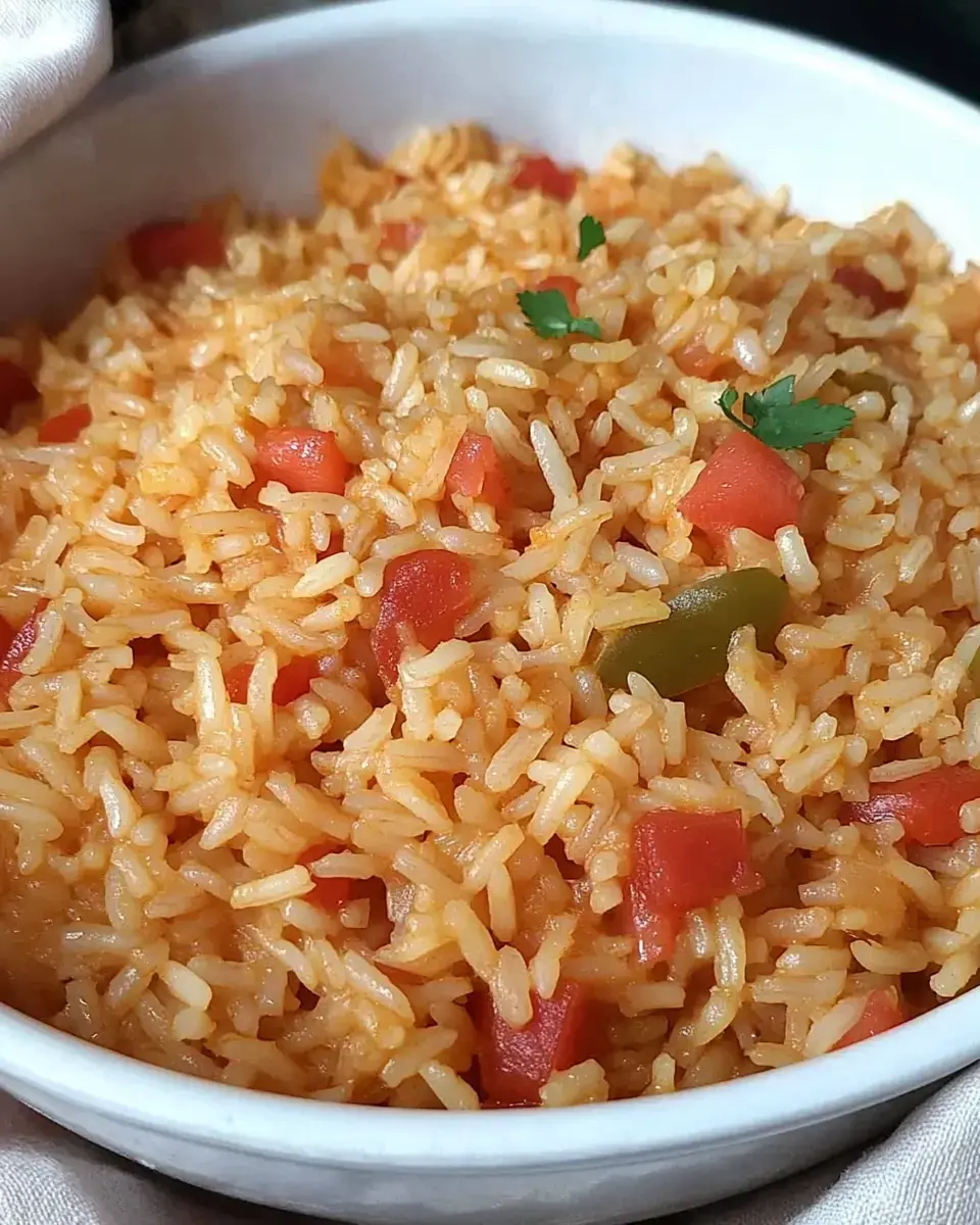 Zoomed-in shot of tasty rice with diced tomatoes, topped with cilantro.