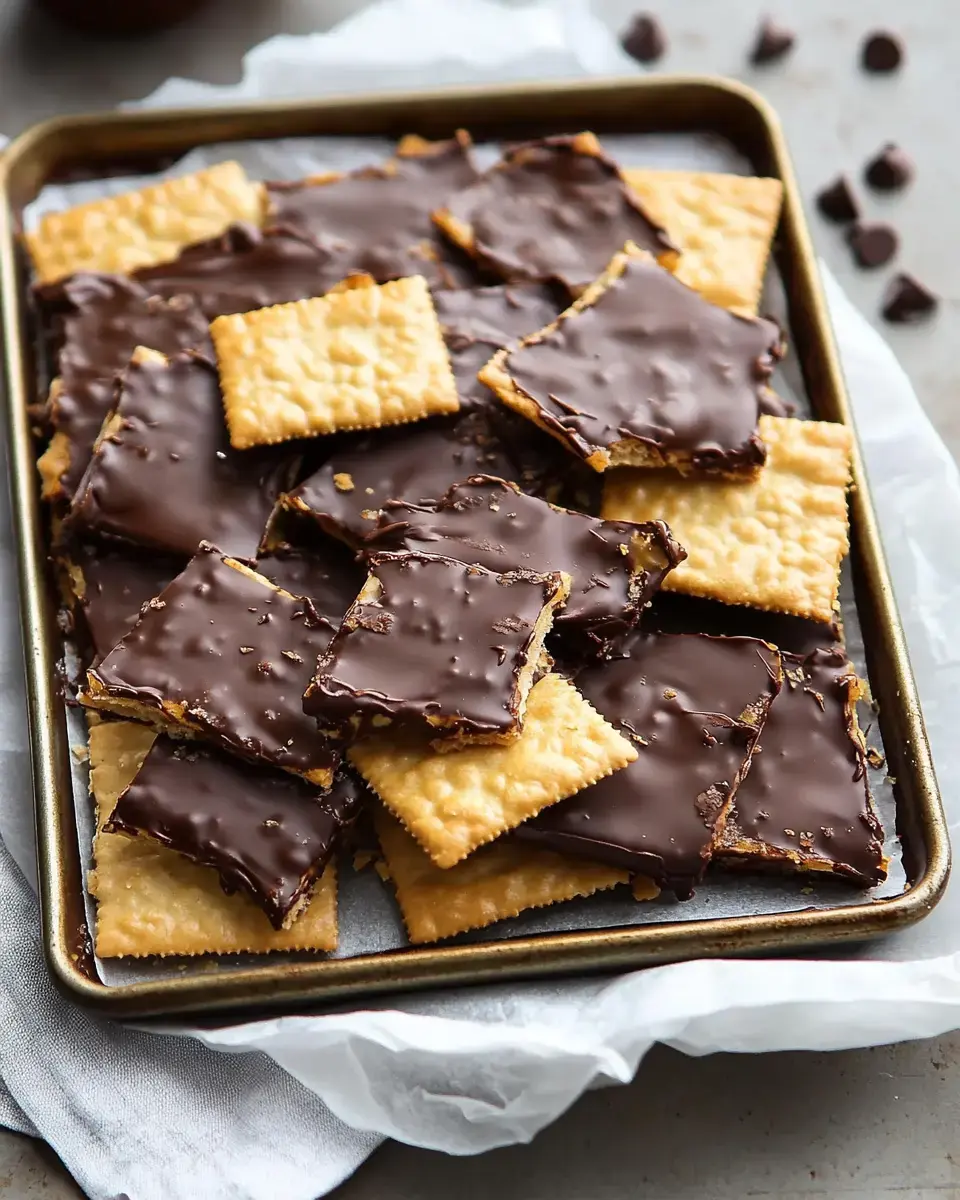Crunchy crackers with melted chocolate on top, all ready in a pan.
