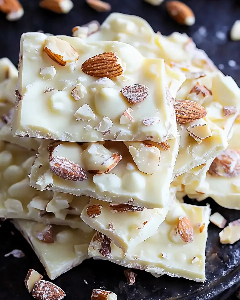 Stacks of white chocolate squares, almond chunks on top, crumbs all over a dark table.