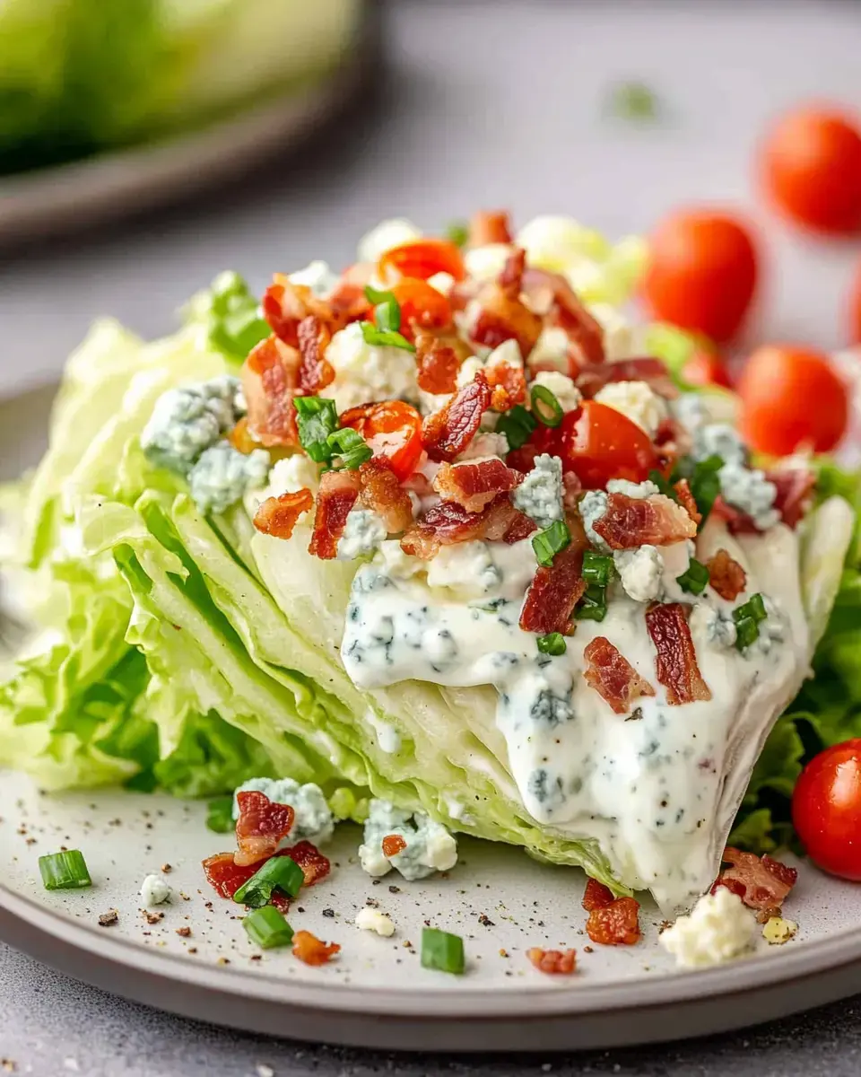 A wedge salad loaded with bacon, cherry tomatoes, blue cheese, and fresh chives.
