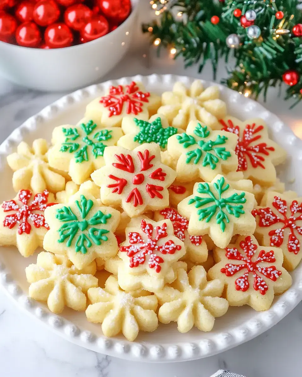 Festive cookies shaped like snowflakes with red and green icing, sitting on a plate with holiday decorations around them.
