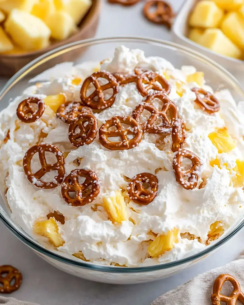 A glass dish loaded up with creamy goodness, pretzel pieces, and pineapple bits up top.