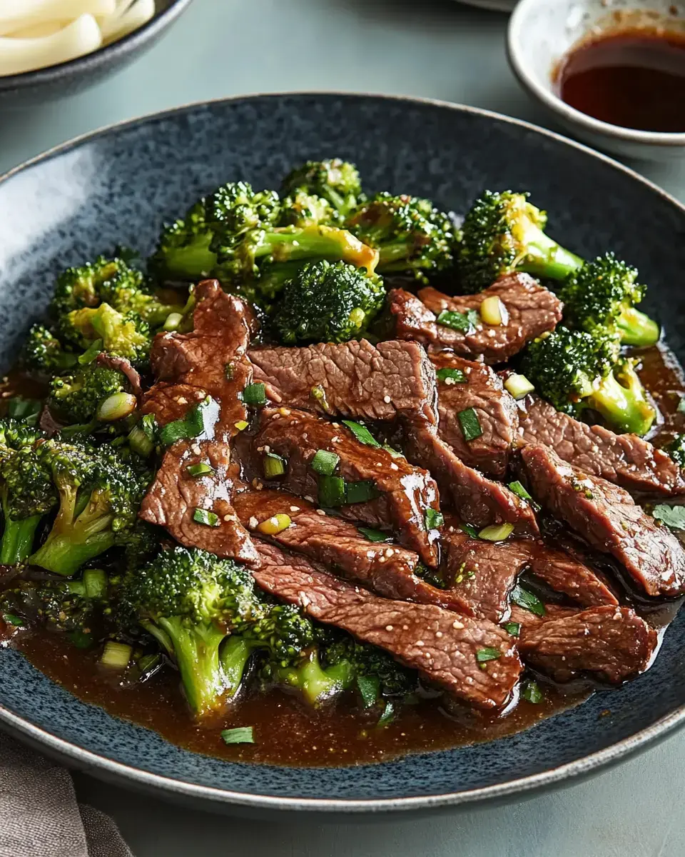 Slices of beef and bright broccoli in a dark, tasty sauce, topped with green onions on a plate.