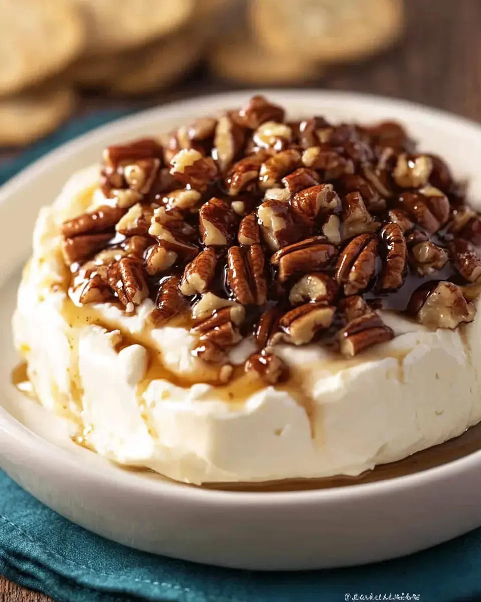Cream cheese wheel loaded with pecans and syrup, on a blue plate.