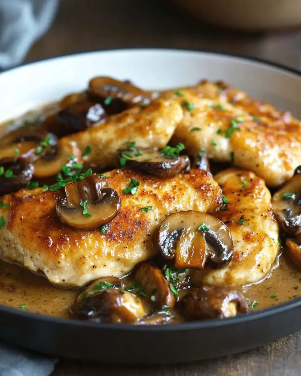 Golden chicken topped with mushrooms and chopped parsley, dressed in a rich sauce, sitting on a plate.