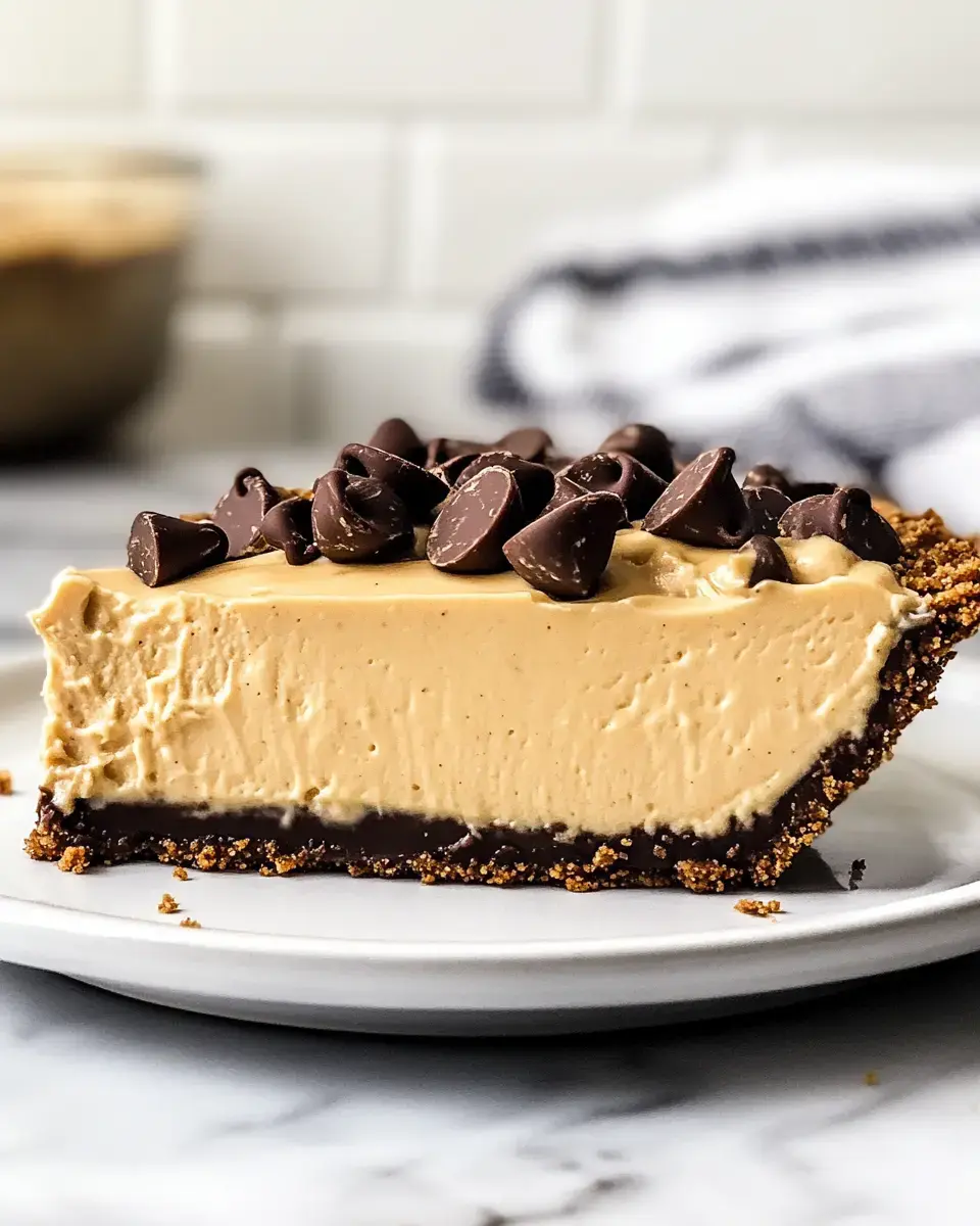 A piece of silky peanut butter pie with chocolate chunks served on a small dish.