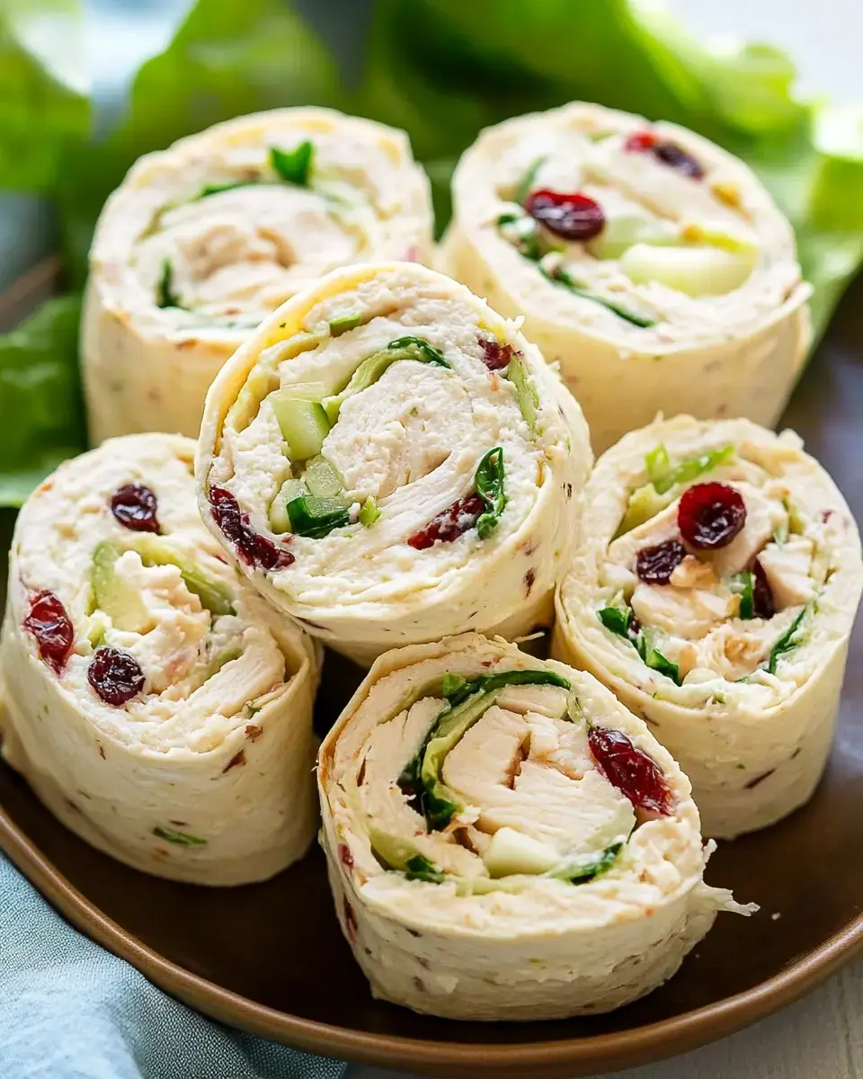 Round slices of tortilla rolled up with chicken, greens, cranberries, and cheese, neatly stacked on a plate.