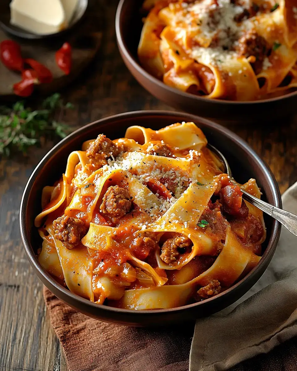 A steaming bowl of thick pappardelle pasta coated in rich meat sauce with sprinkled cheese, set on a warm wooden table background.