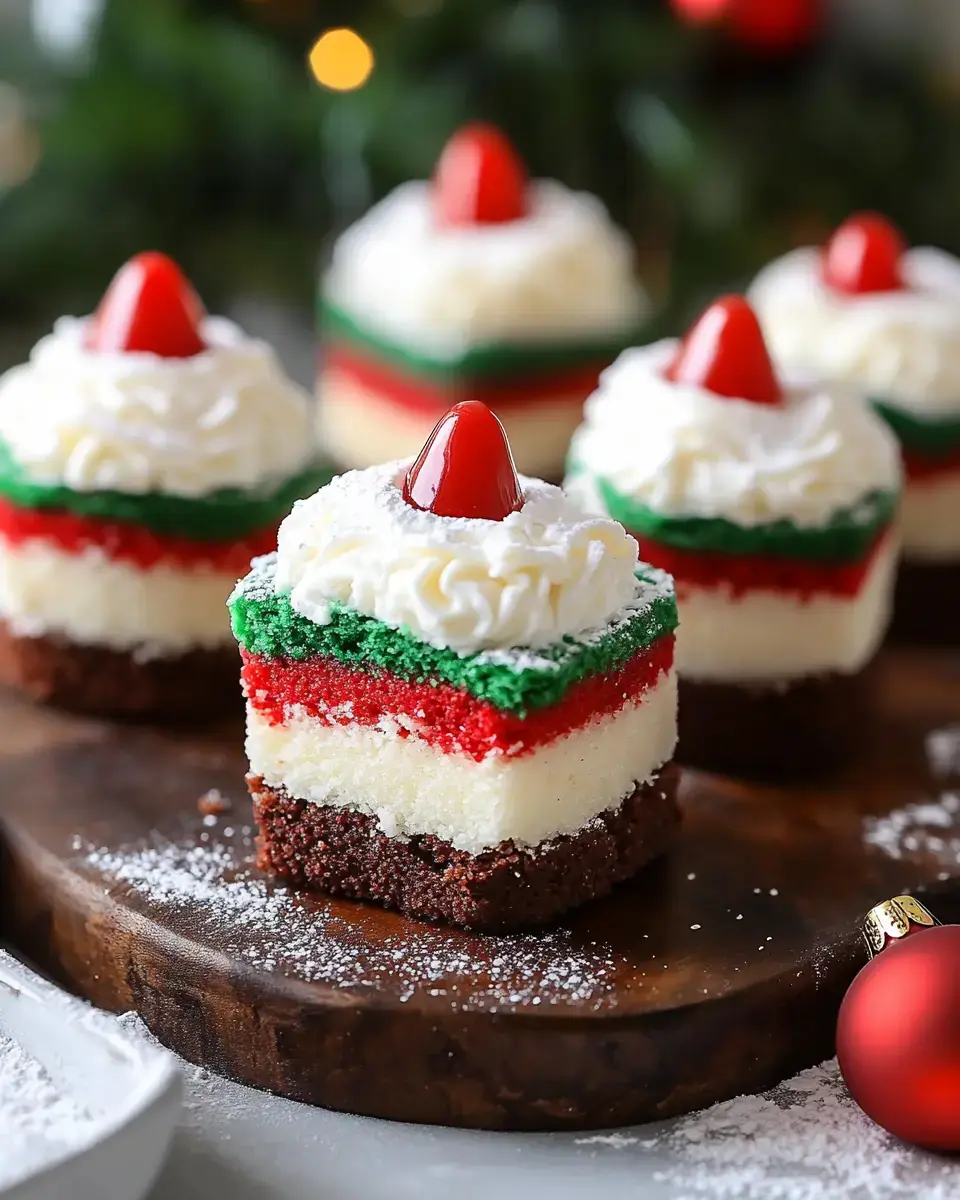 Bright holiday cakes stacked in red, green, and white, dolloped with whipped cream and a cherry, all sitting on a wooden tray.