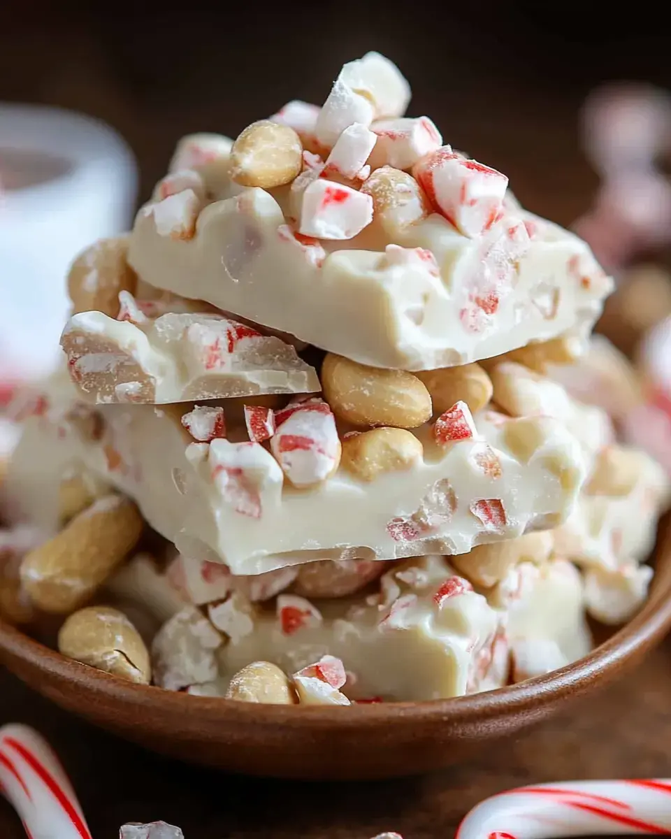Up close view of white chocolate bark piled with peppermint bits and peanuts. It’s in a wooden bowl, candy canes peeking out behind.