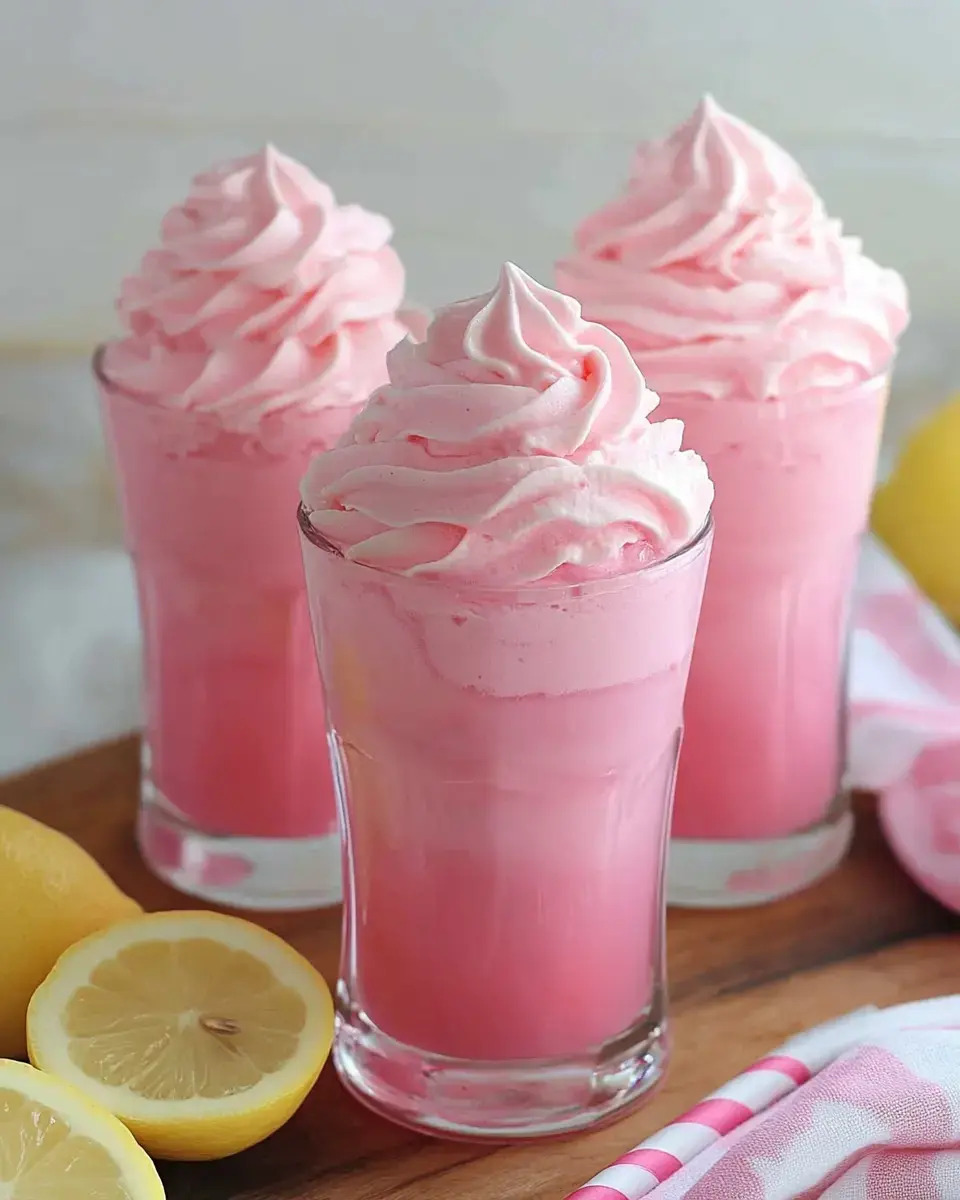 Three glasses packed with fluffy pink lemonade topped with whipped swirls, next to sliced lemons on a wooden table.