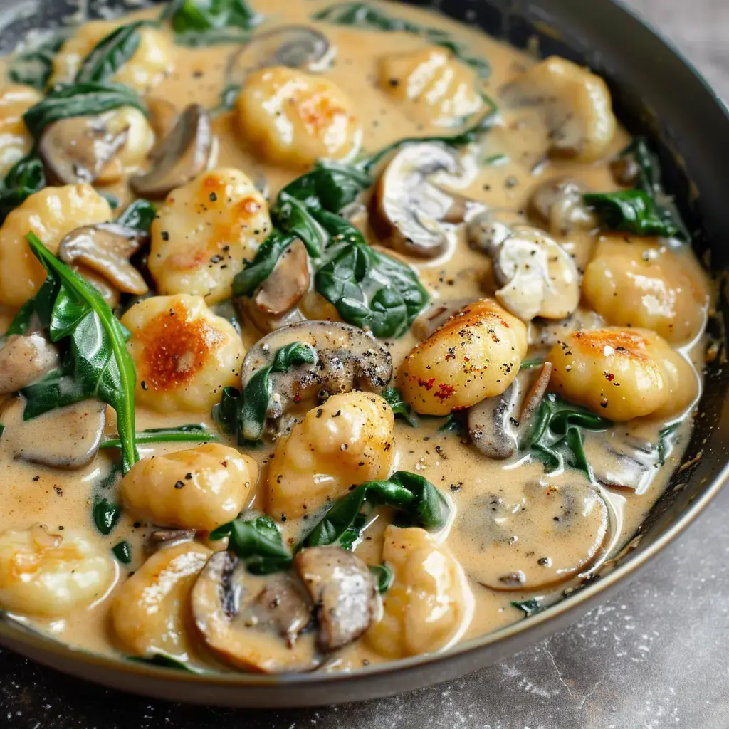 A bowl packed with creamy gnocchi, spinach leaves, and mushrooms, all topped with a hit of cracked black pepper.